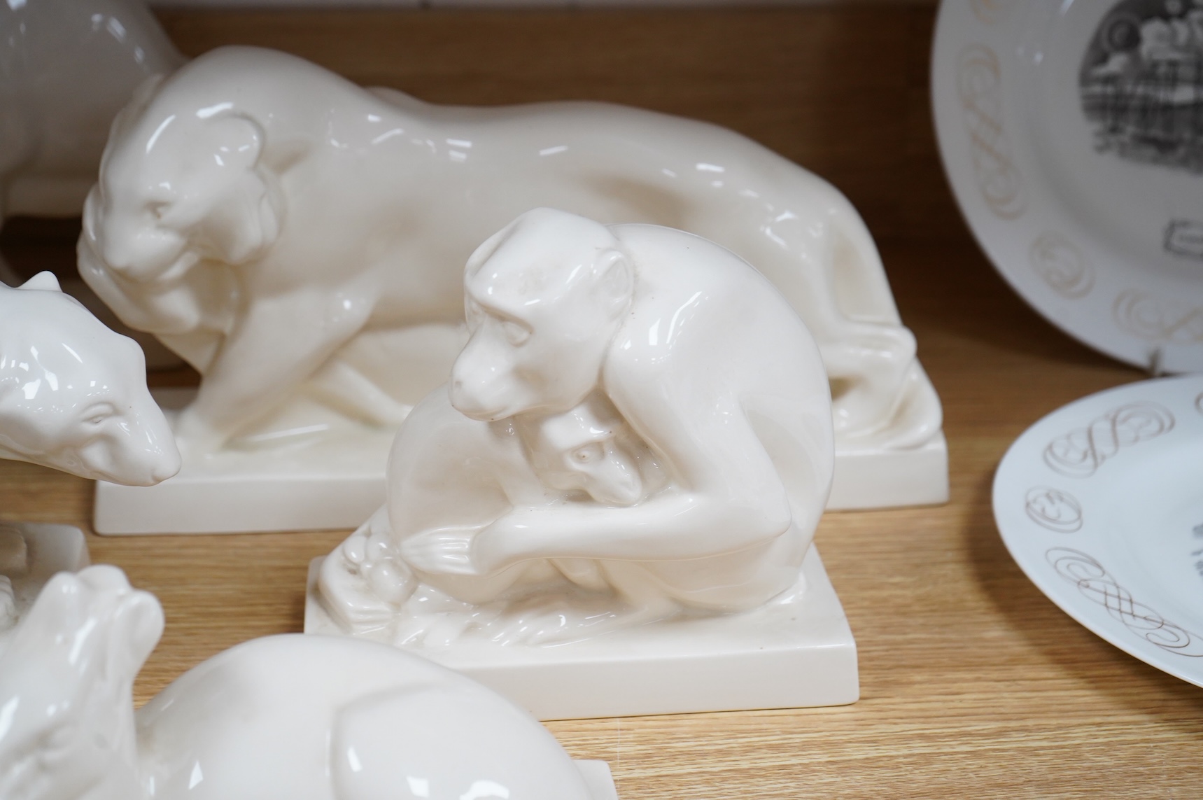 John Skeaping for Wedgwood, six animal figures comprising a Bison, Tiger, Polar Bear, deer, monkey and deer, largest 34cm wide